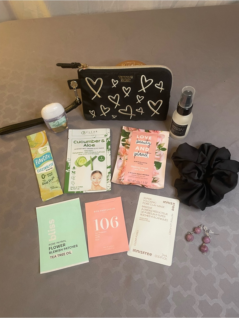Victoria's Secret Black Wristlet Pouch Makeup Bag with 10 Skincare Items!